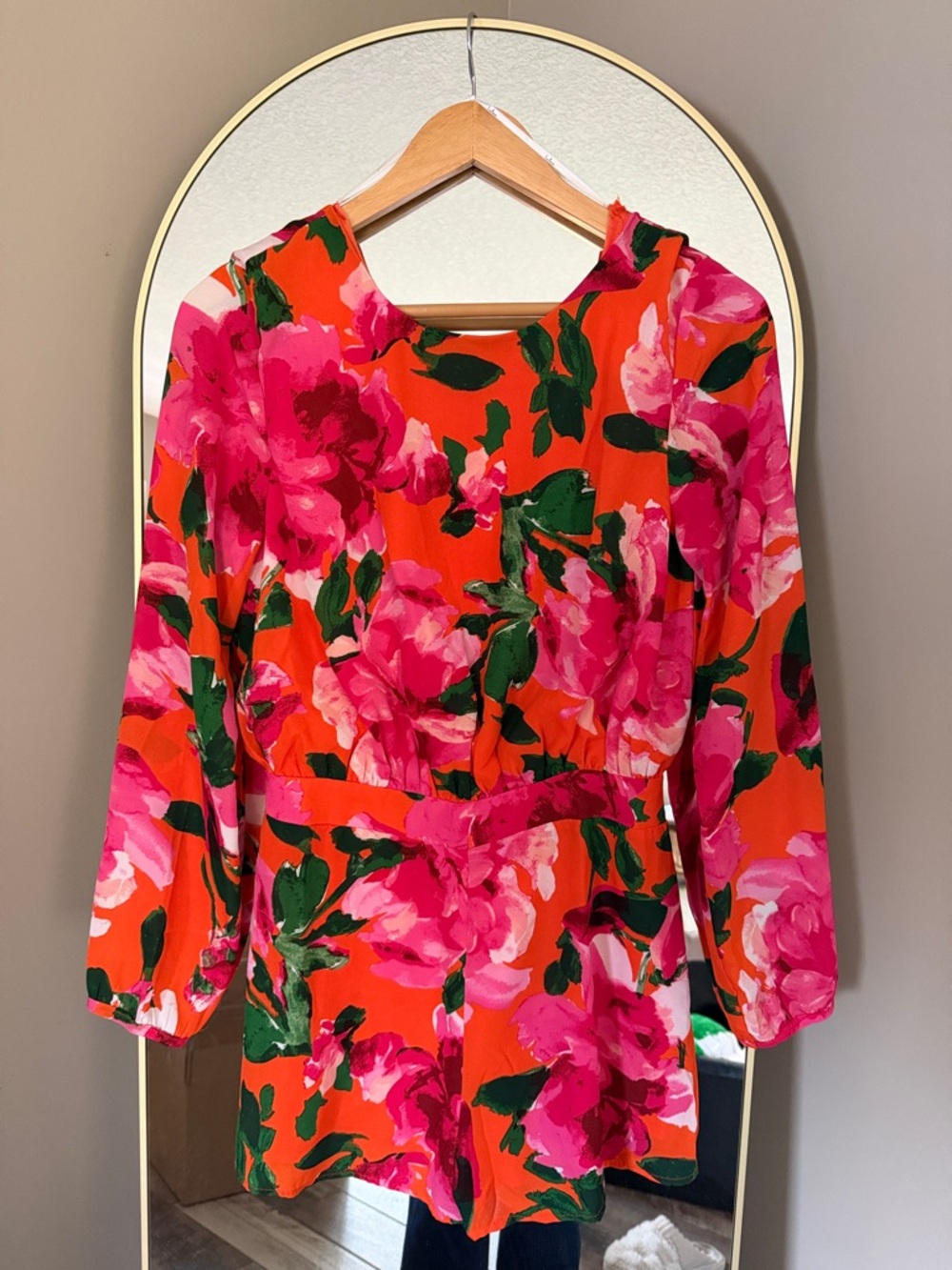 Lulu's Orange Floral Long-Sleeve Romper with Pink & Green Print